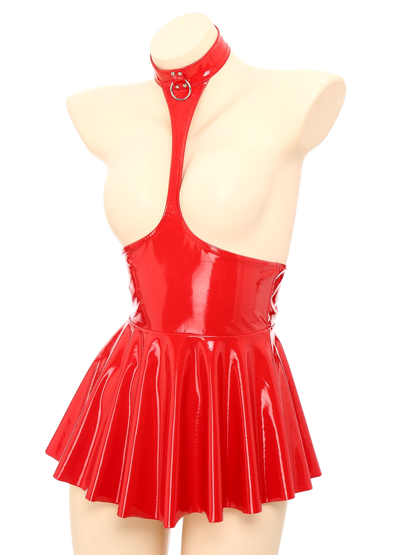 Womens Patent Leather Halter Latex Dress Wet Look Bare Breast Exposing Patent Leather Open Chest Halter Ruffled Latex Dresses