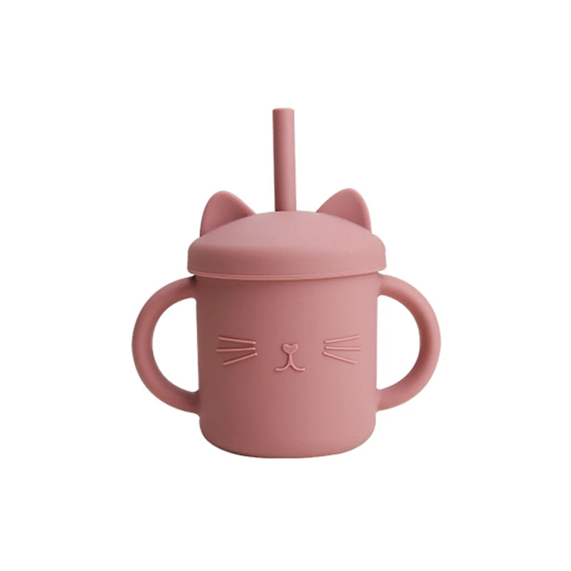 Baby Food Grade Feeding Cup Kid Double Handle Design Cute Cat Styling Straw Bottle Anti-Hot Leakproof Baby Silicone Feeding Cups