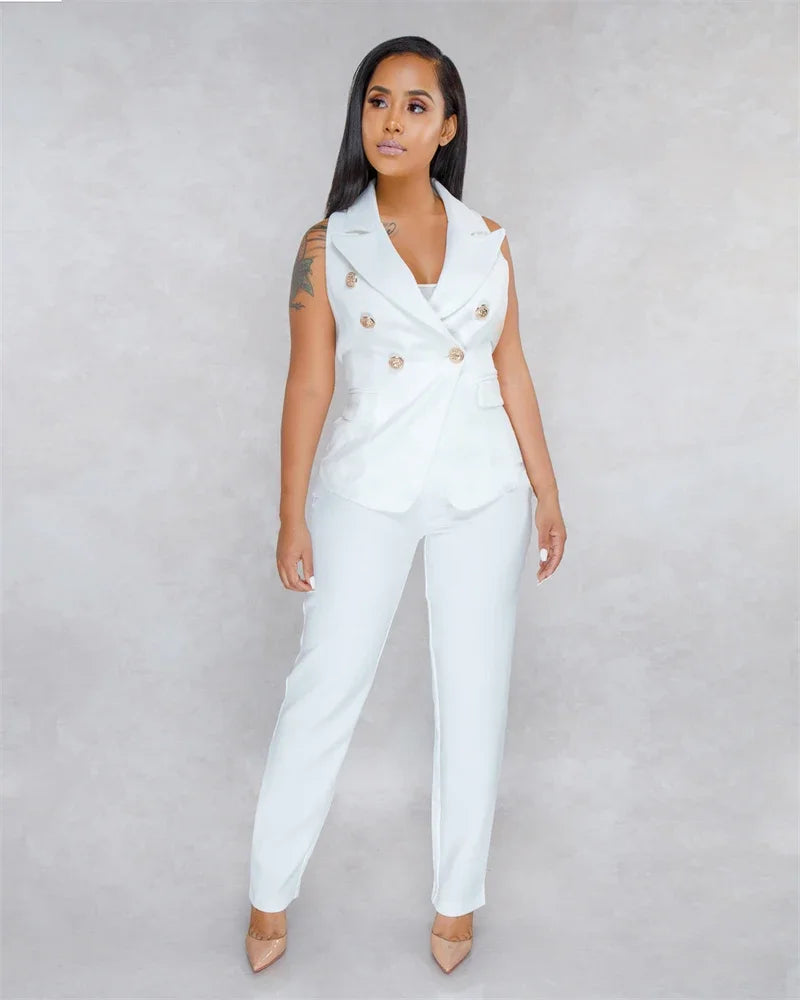 Business OL Work Wear Two Piece Pant Suits for Women Set Elegant Sleeveless Blazer Top + Pencil Pants Office Lady Matching Sets