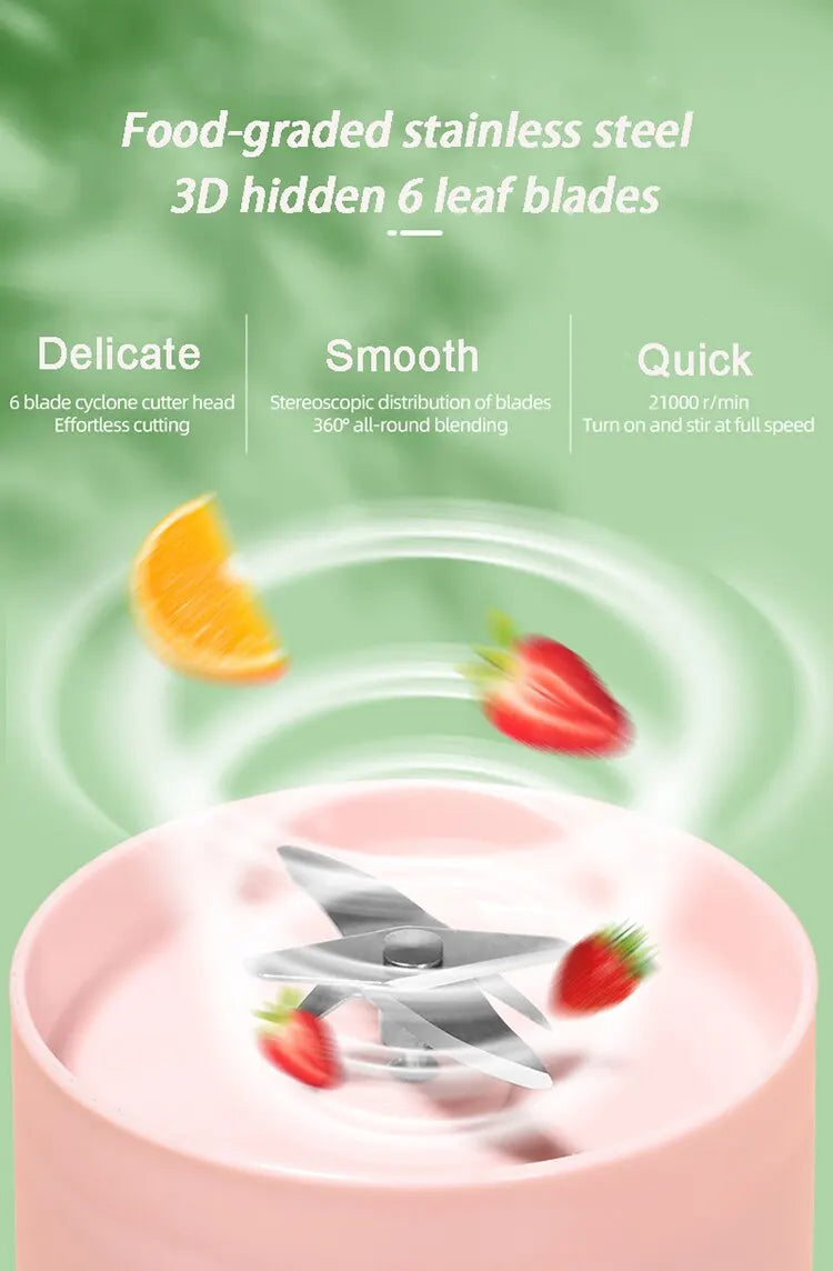 USB Rechargeable Portable Blender Juicer 380ml Compact Smoothie Maker for Fruits Vegetables Quiet Cordless Mixer with Travel Lid