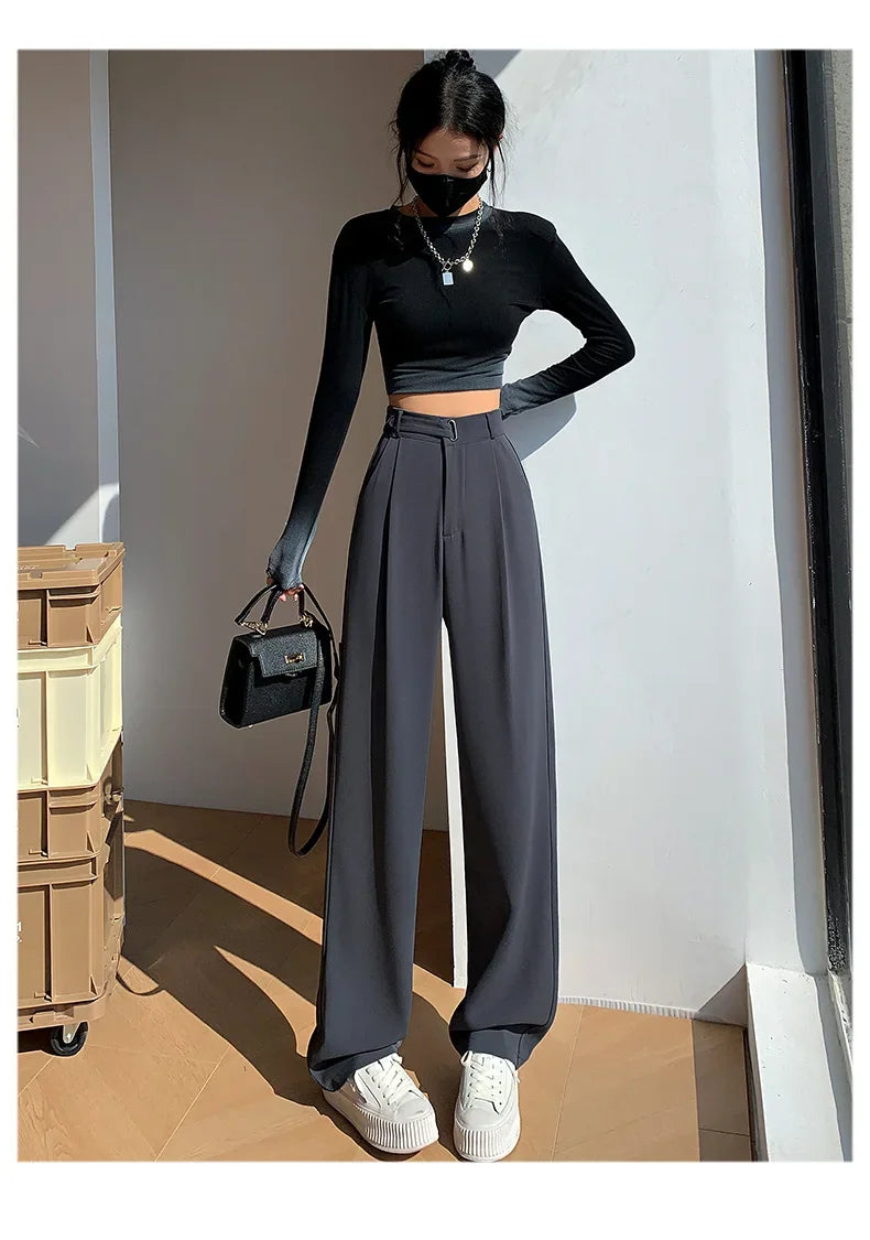 Office Ladies Casual Suit Wide Leg Pants Women Elegant 2025 Spring Summer Fashion Solid Color High Waist Loose Outwear Trousers
