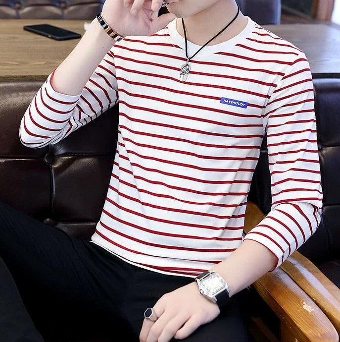 T Shirts for Men Stripe Tops Red Cotton Male Clothes Round Neck Harajuku Fashion Sale High Brand Regular Fit It Full Sleeve Tee