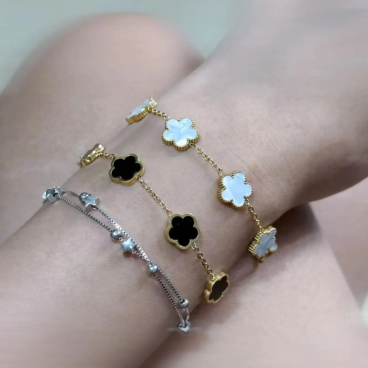Silver Color New Design Plant Five Leaf Flower Bracelet Single sided Plum Blossom Stainless Steel Jewelry Women's Clover
