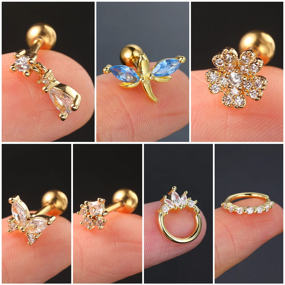 1pc Piercing Earrings Butterfly Women Jewelry Gold Color Zircon Tragus Helix Septum Cartilage Daith Stainless Steel Ear Ring