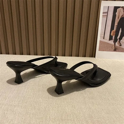 Flip Flops Women Summer Outside New Square Head Slim Heel Sandals Fashion Clip Toe Slippers Women Sandals Pantuflas De Mujer