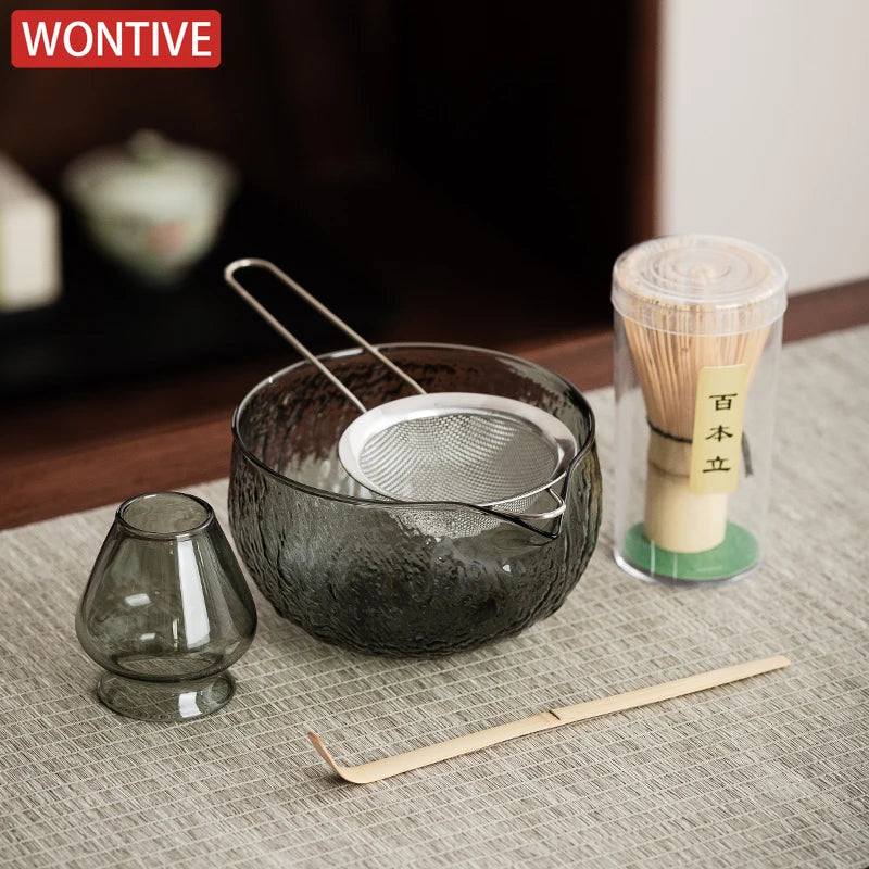5Pcs Matcha Whisk Set Clear Glass Matchas Tea Set Matcha-Making Kit with Matcha Bowl Matcha Cup Matcha-Whisk for Tea Lovers