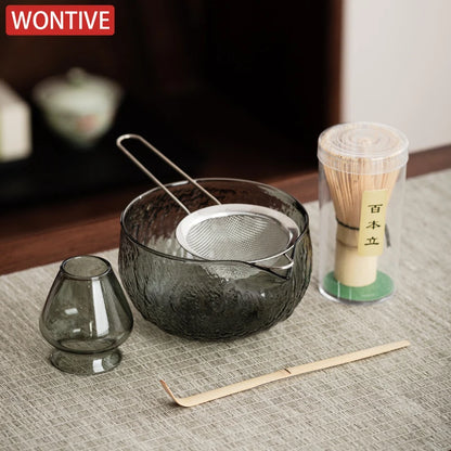 5Pcs Matcha Whisk Set Clear Glass Matchas Tea Set Matcha-Making Kit with Matcha Bowl Matcha Cup Matcha-Whisk for Tea Lovers