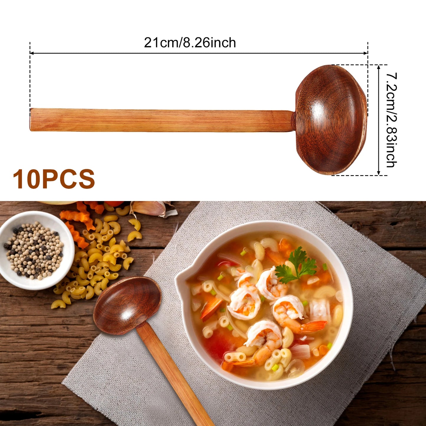 10PCS Wood Soup Spoon with Long Handle Japanese Style Ramen Spoon Large Hot Pot Spoon Tortoise Shell Spoon Serving Spoon