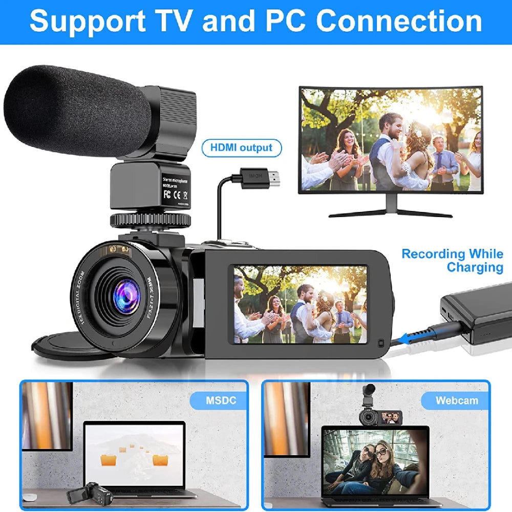 2.7K Camcorder Video Camera 36MP with LED Fill Light,16X Digital Zoom Camera Recorder 3.0" IPS Touch Screen Vlogging Camera Kit
