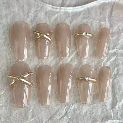 10 pcs Metal Handmade Press on Nails Middle Ballet Pink Bow Design False Nails Adhesive Nail  wearable Artificial Nails