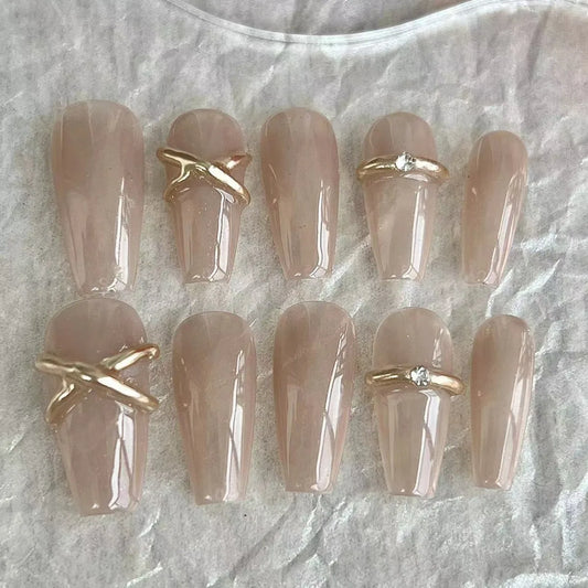 10 pcs Metal Handmade Press on Nails Middle Ballet Pink Bow Design False Nails Adhesive Nail  wearable Artificial Nails
