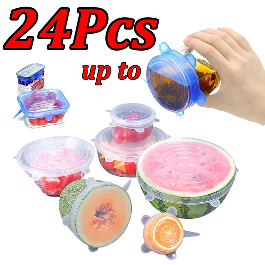 24-6Pcs Reusable Food Silicone Stretch Lids Elastic Silicone Lid Cap Food Covers for  Bowl Cups Containers Keep Food Fresh