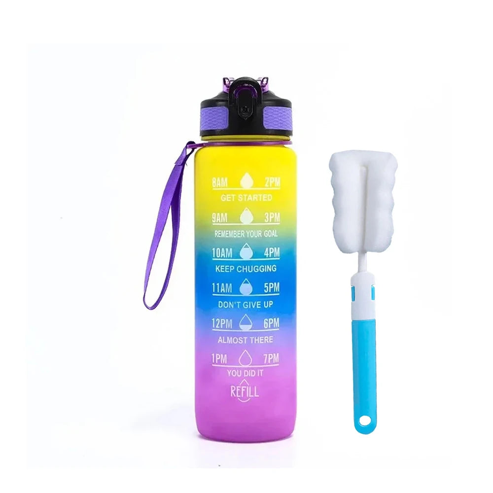 1L Water Bottle With Straw 32oz Water Bottle With Time Marker Motivational Tritan, Bpa Free Leak Proof Water Cup with Brush