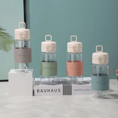500Ml Portable Plastic Water Bottles with Straw Anti-scalding Leather Case Non-leaking Cute Bottle Outdoor Drinkware