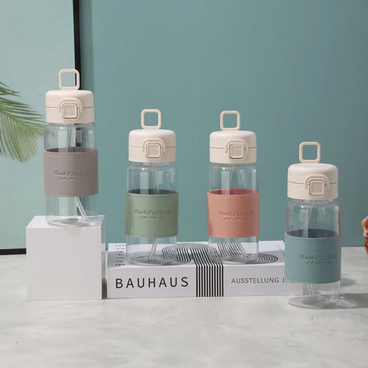 500Ml Portable Plastic Water Bottles with Straw Anti-scalding Leather Case Non-leaking Cute Bottle Outdoor Drinkware