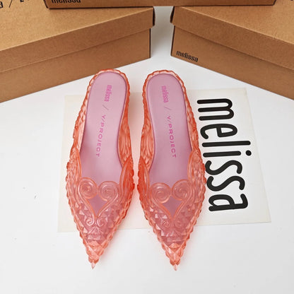 Women Sandals 2025 Spring Melissa Woman Slingback Shoes Fashion Ladies High Heels Elegant Med Heel Pointed Toe Slip on Sandal