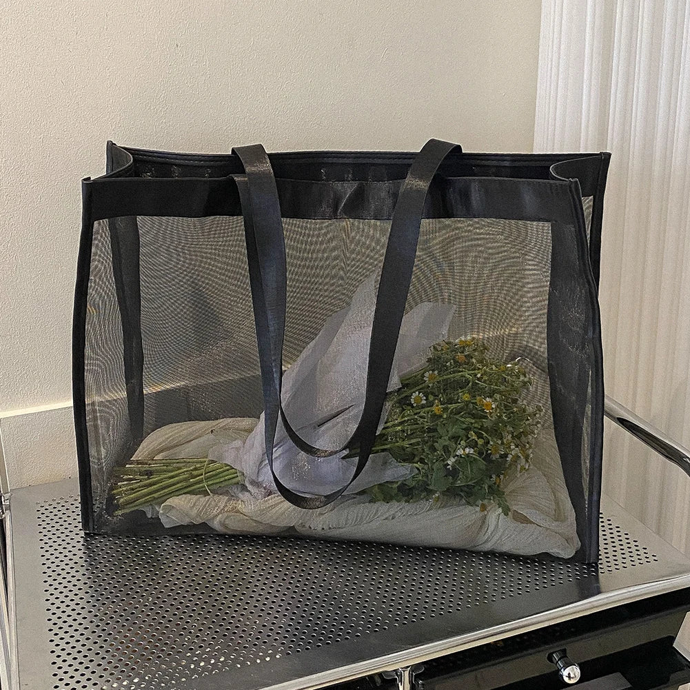 Fashion Totes Bags Large Capacity Mesh Top-Handle Handbag Solid Color Storage Bags Transparent All-match for Beach Swimming