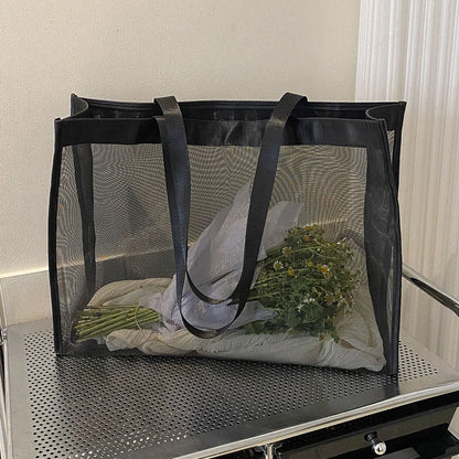 Fashion Totes Bags Large Capacity Mesh Top-Handle Handbag Solid Color Storage Bags Transparent All-match for Beach Swimming