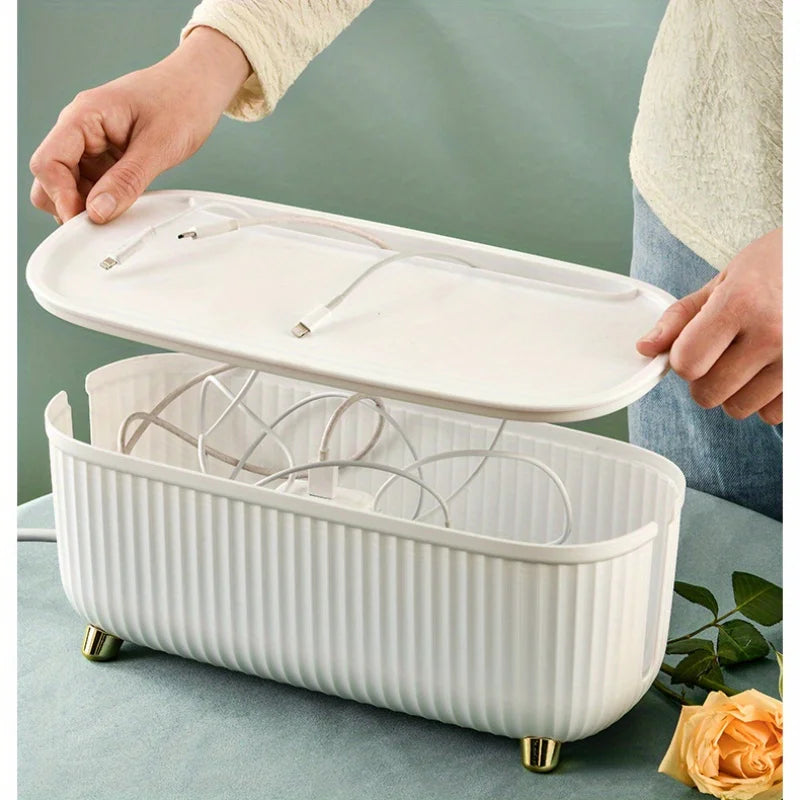 Multifunctional Cable Management Box – Stylish white plastic desktop organizer for power cords