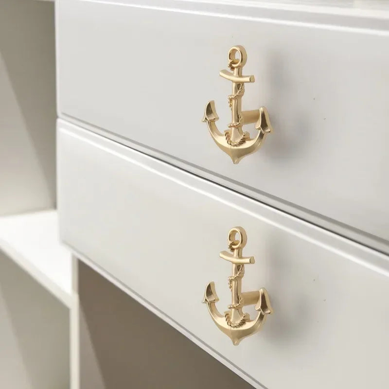 Vintage Anchor Ship Wheel Cabinet Handle - Antique Brass Single Hole Pull for Wardrobe/Cabinet, Nautical Drawer Hardware