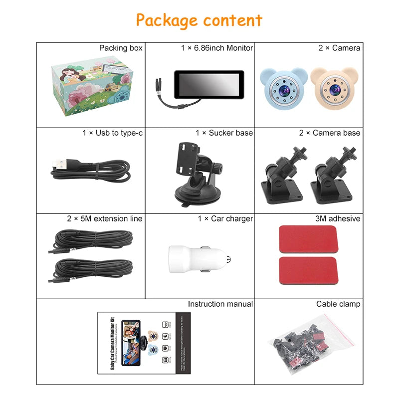 2 Camera Rear View Monitor 6.86'' IPS Screen Baby Car Mirror Wide View Angle for Infants Kids Pets Night Vision Function