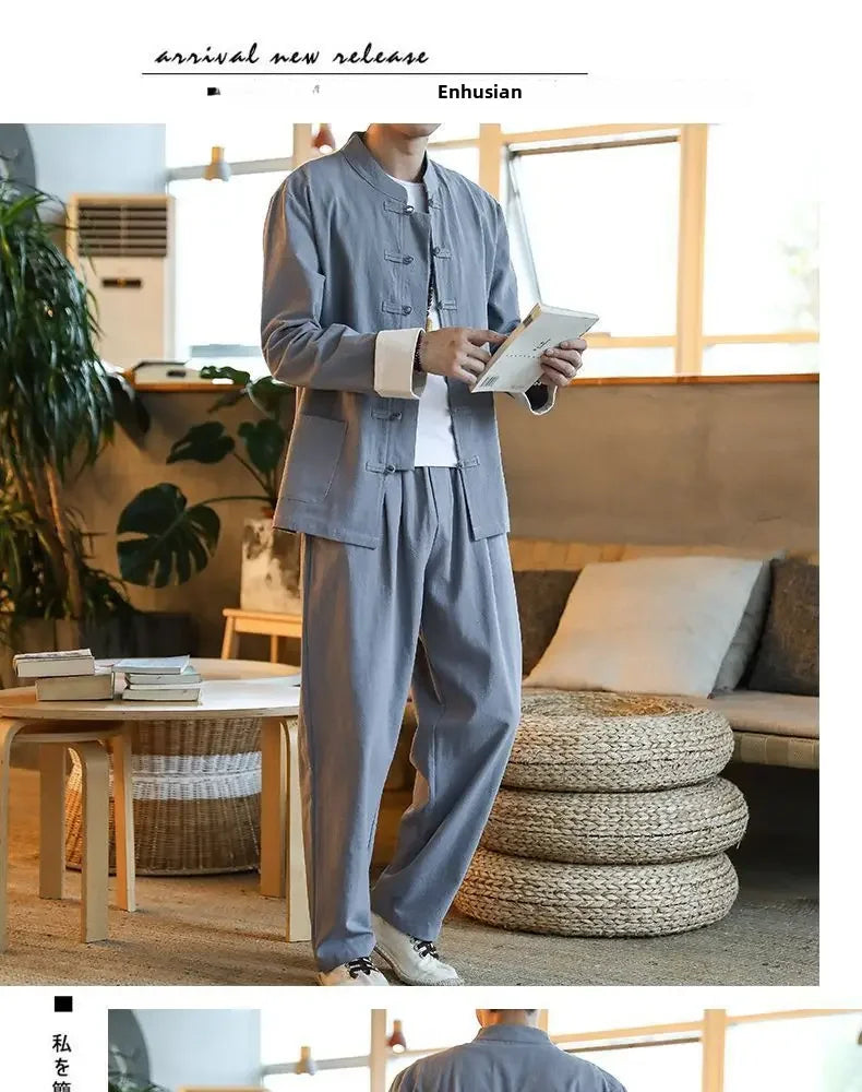 Traditional Chinese Men's Tang Suit Cotton Linen Ancient Costume Tea Servant Zen Meditation Clothing Middle Mountain Hanfu