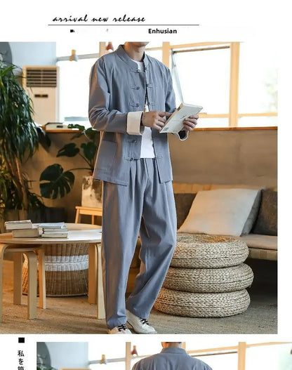 Traditional Chinese Men's Tang Suit Cotton Linen Ancient Costume Tea Servant Zen Meditation Clothing Middle Mountain Hanfu