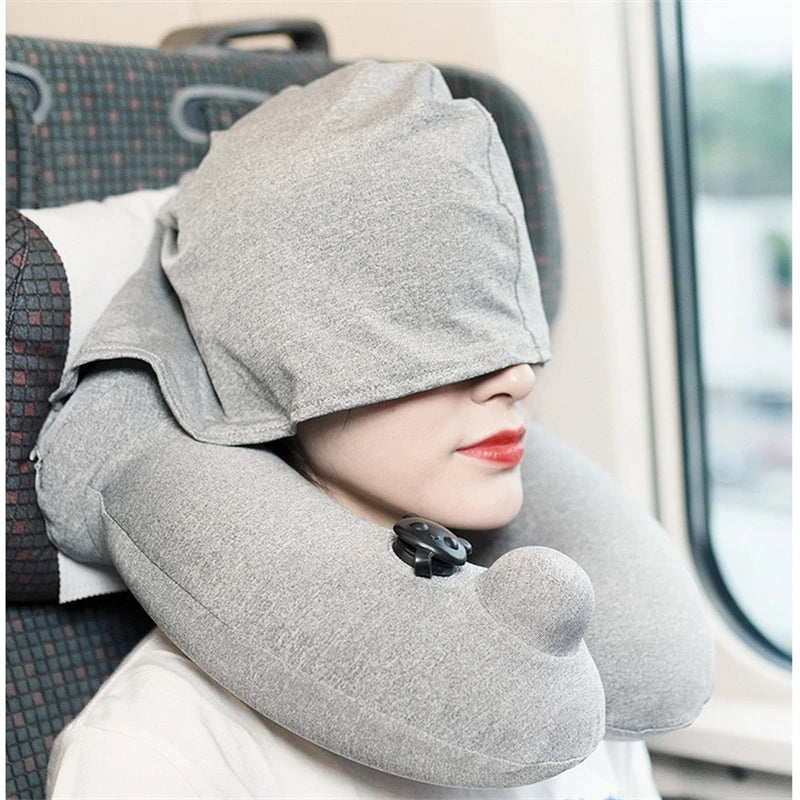 1 PCS Gray Inflatable Travel Pillow U Shaped Neck Support Waist Airplane Pillow With Cap Outdoor Camping Flight Accessories
