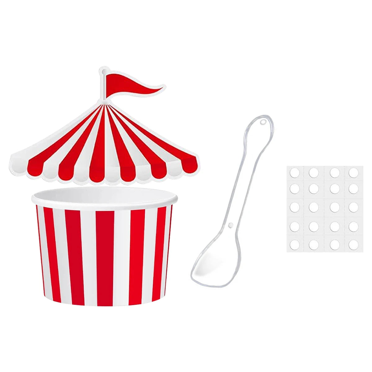 24Pcs Ice Cream Cups with 100 Spoons Carnival Party Circus Tent Shaped 8 oz Paper Carnival Cup Red White Striped Snack Cup Party