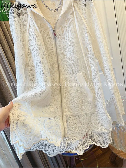 Oversized Tops Temperament Coat Women's Clothing Hooded Lace Hollow Out Outwear 2025 Ropa Mujer Casual Summer Fashion Jackets