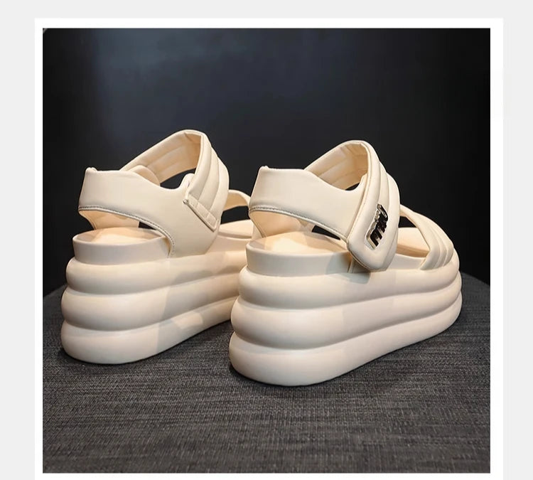 2025 Summer Women Chunky Sandals Leather High Platform Trainers Breathable Casual Slippers Shoes Woman 8.5CM Heels Wedge Sneaker
