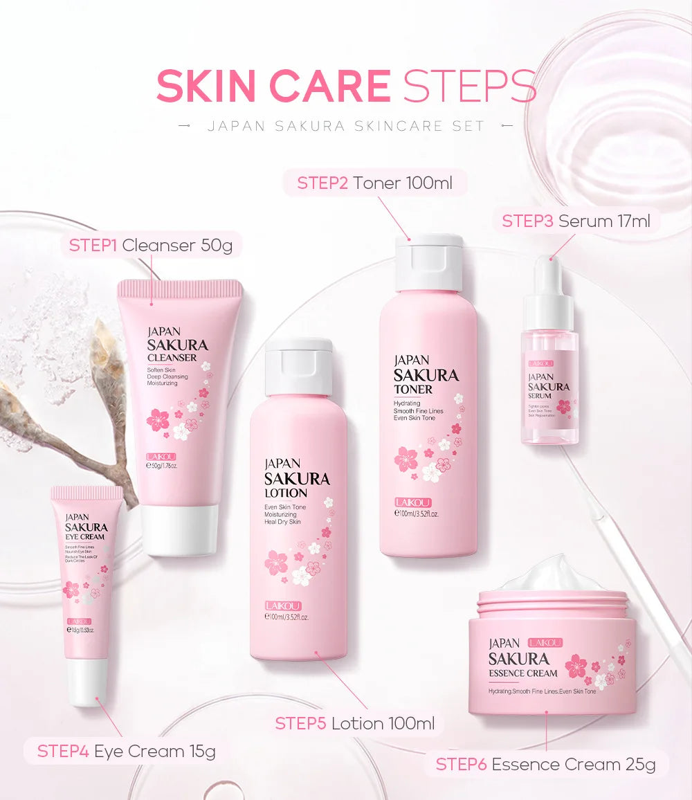 LAIKOU Sakura Skin Care Sets Facial Cleanser Eye Creams Face Cream Serum Lotion Toner Brightening Moisturizing Face Care Kit