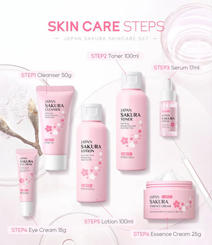 LAIKOU Sakura Skin Care Sets Facial Cleanser Eye Creams Face Cream Serum Lotion Toner Brightening Moisturizing Face Care Kit