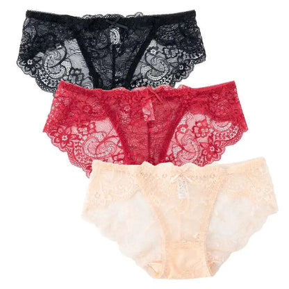 3PCS Hollow Out See Through Underpants Comfortable Briefs Sexy Ladies Lace Transparent Panties Low-Rise Lingerie