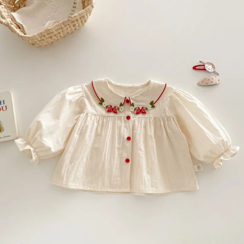Girls Fashion Shirt 2025 New Spring Baby Korean Long Sleeve Shirt Children Spring Strawberry Peter Pan Collar Top