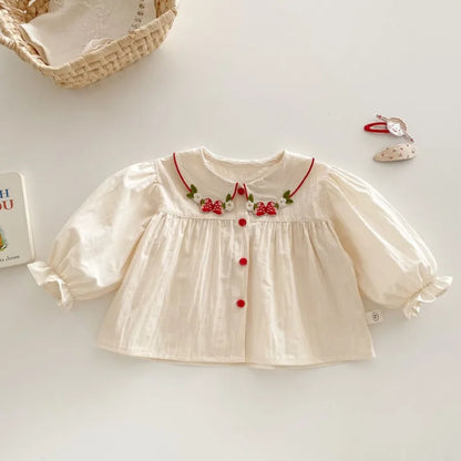 Girls Fashion Shirt 2025 New Spring Baby Korean Long Sleeve Shirt Children Spring Strawberry Peter Pan Collar Top