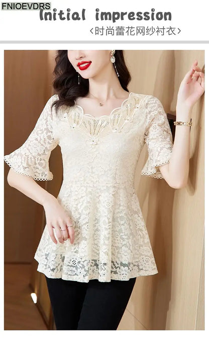 Office Shirts Basic Wear New Design 2025 Women Elegant Fashion Work Lady Bling Beaded Flare Sleeve Lace Tops Blouses