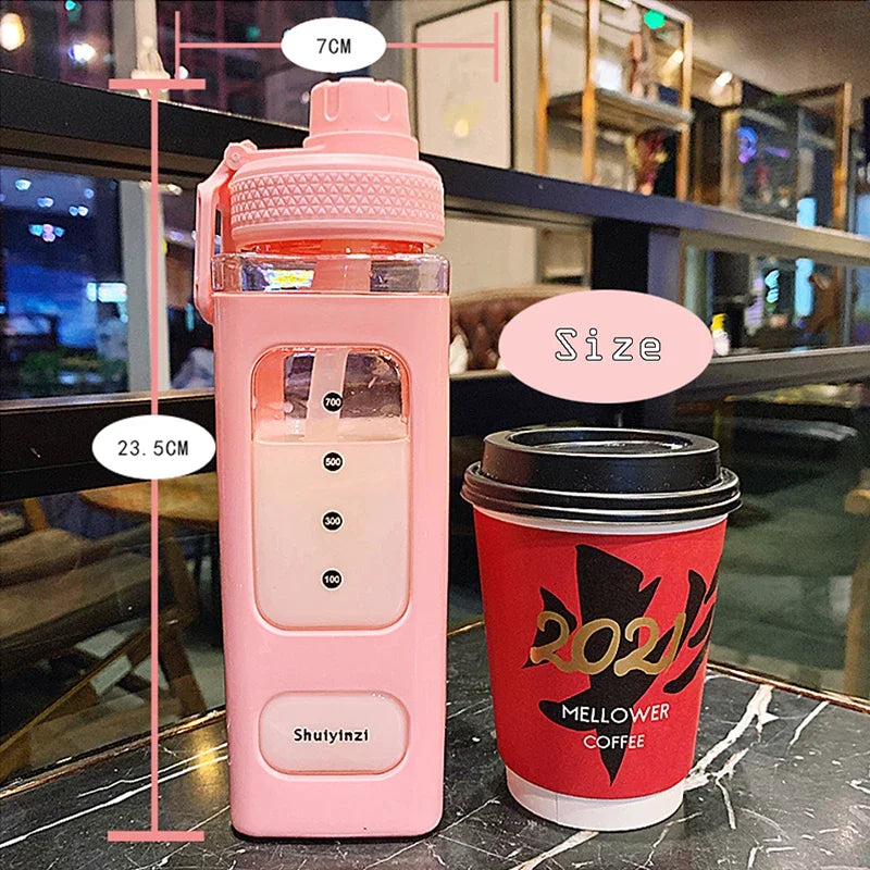 700ml Square Plastic Water Bottles Creative Summer Straw Bottle Outdoor Sport Shaker Travel Tea Juice Milk Portable Drink Bottle