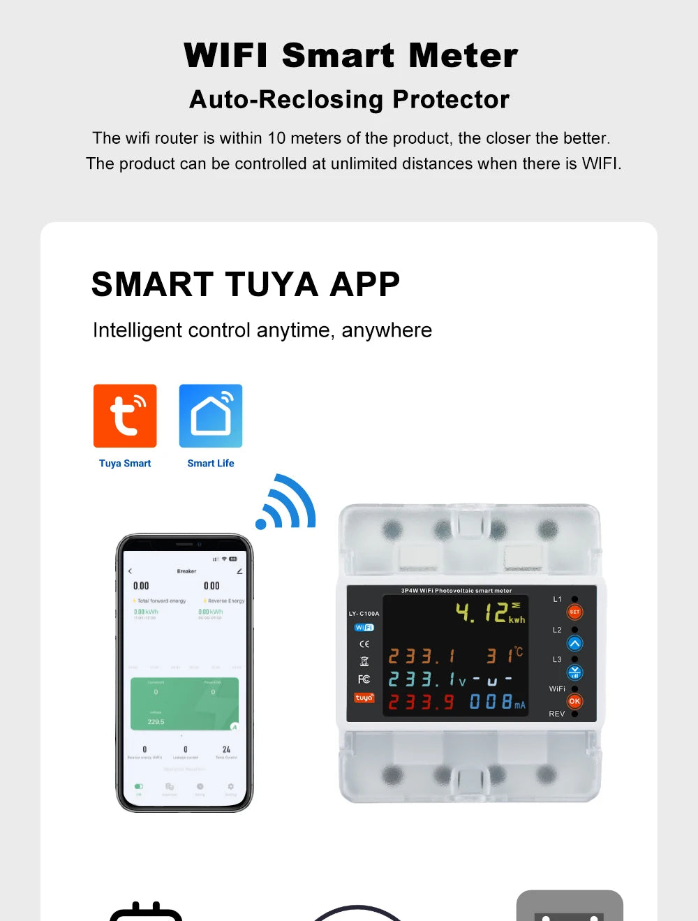 Smart Life Energy Monitoring 100A Tuya WiFi 3-Phase Meter with Bi-Directional Auto-Reclosing Relay