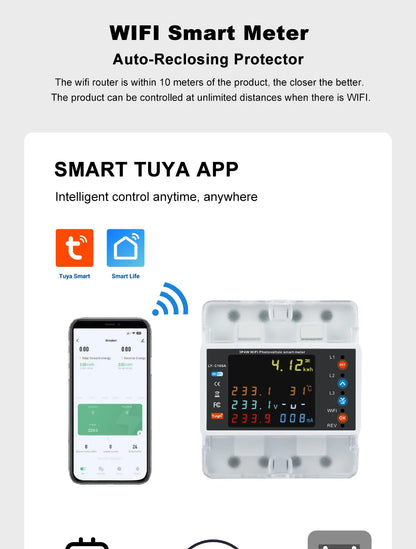 Smart Life Energy Monitoring 100A Tuya WiFi 3-Phase Meter with Bi-Directional Auto-Reclosing Relay