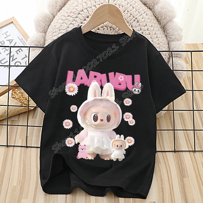 Labubu T-shirt for Children Cute Cartoon Anime Tee Top Black Short Sleeve Round Collar Clothes Fashion Kids Summer Clothing Gift