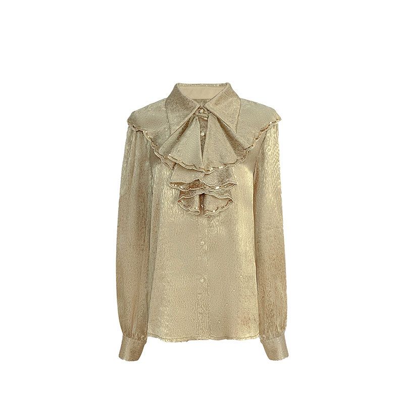 Office Lady Elegant Ruffles Patchwork Shirt Spring Autumn Fashion Sequined Female Clothing Lapel Commute Single-breasted Blouse
