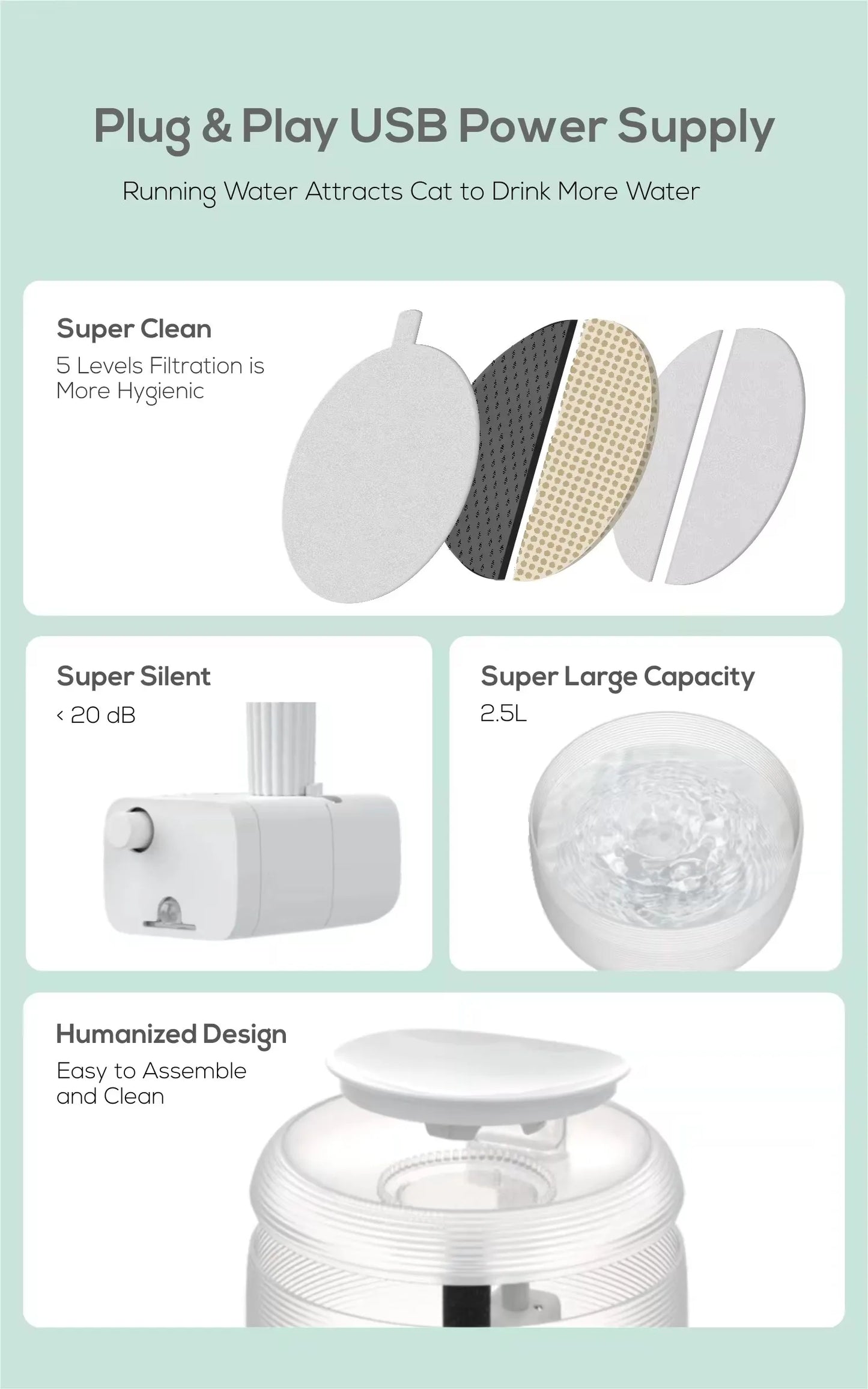 2.5L Extremely Quiet Cat Water Dispenser Pet Water Fountain for Cats and Dogs Built-in LED Light