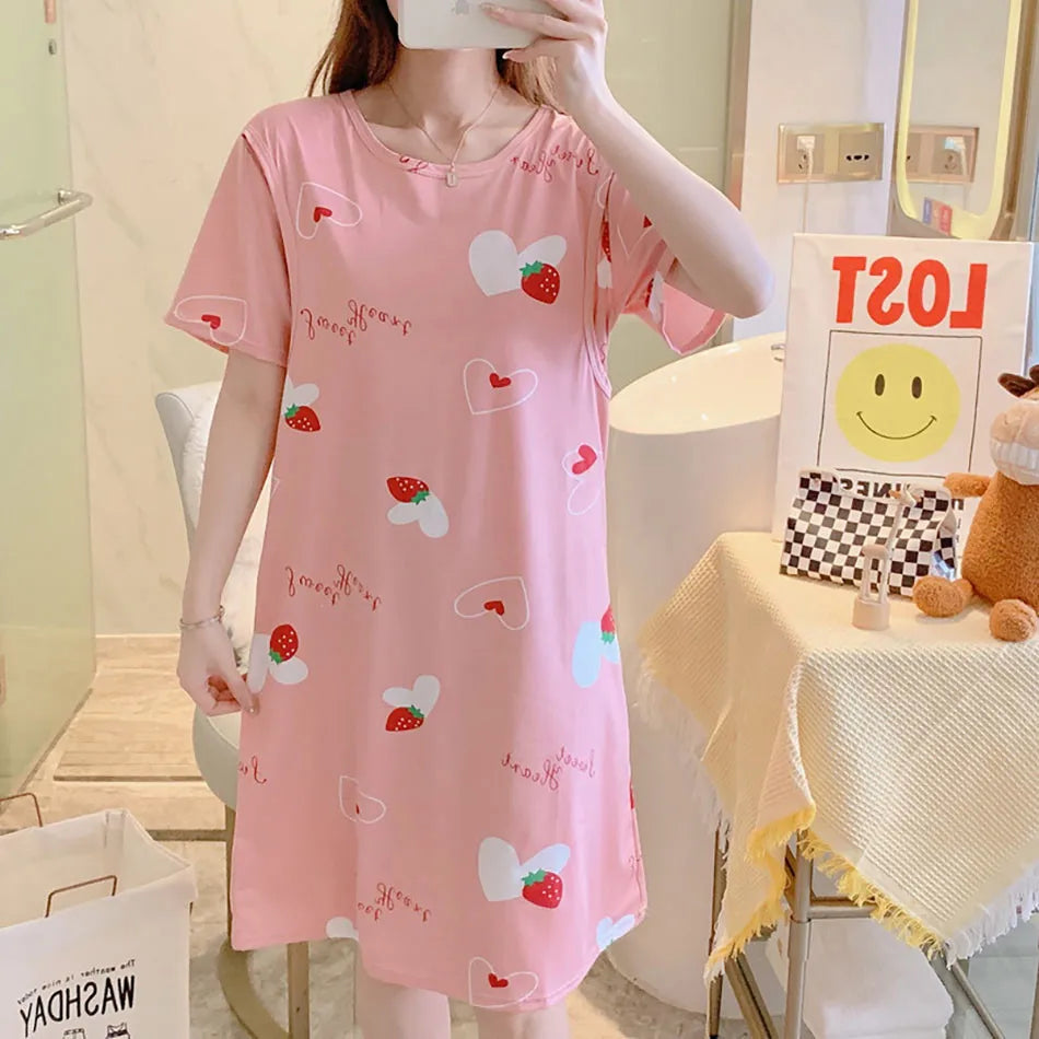 Maternity Clothings Nursing Dresses Breastfeeding Sleepwear Pattern Printing Cheerful and Lively Girl Feeling for Pregnant Women