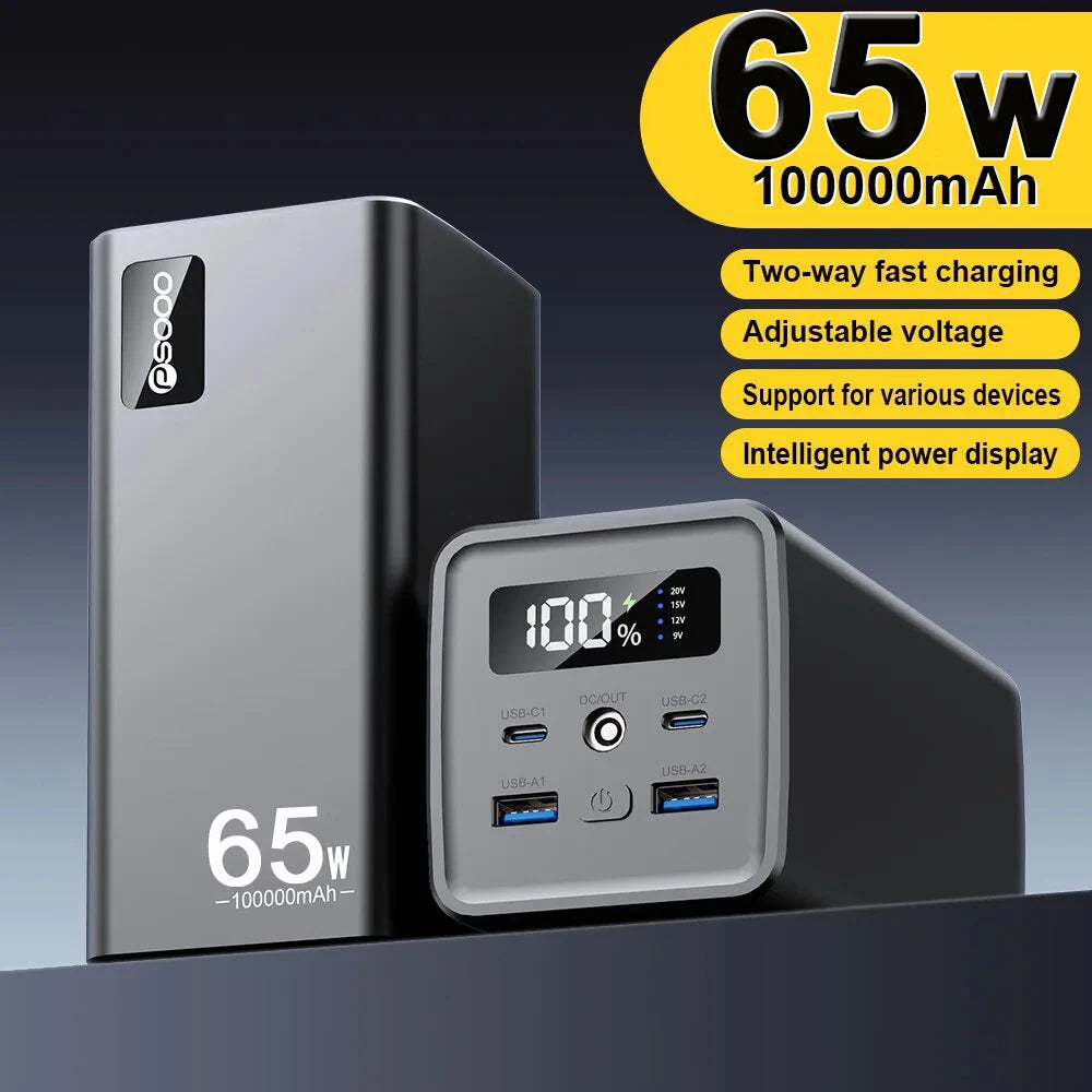 PSOOO 65W Power Bank 100000mAh Super Fast Charging Powerbank Portable External Battery Charger for Laptop iphone Xiaomi Huawei