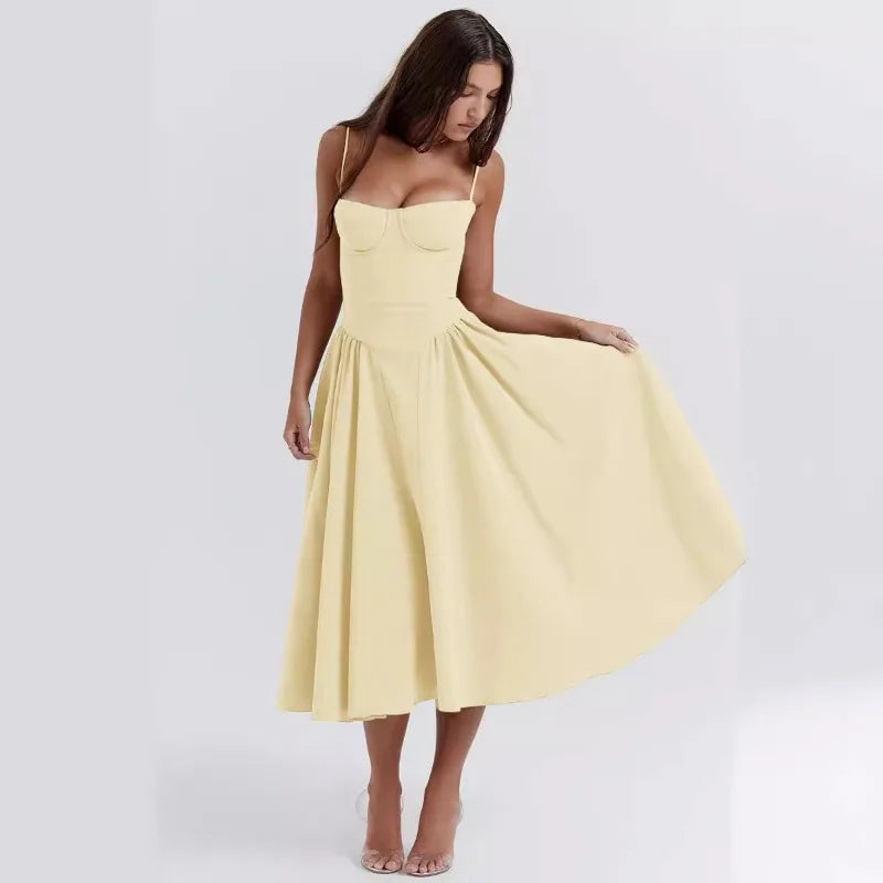 Spring Summer New Women's Clothing Solid Color Strap French Retro Dress Sleeveless Long Maxi Dresses