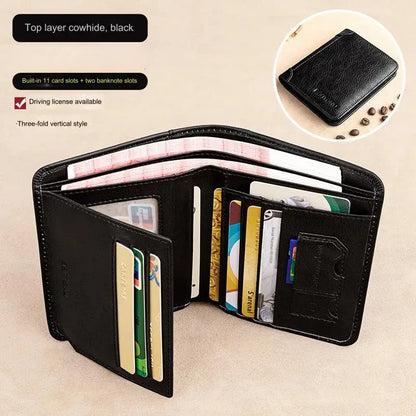 Men's Wallets RFID Blocking Genuine Leather Trifold Business Short Purse Wallet for Men with ID Window and Credit Card Holder