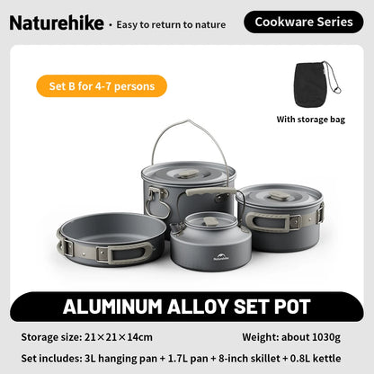 Naturehike Camping Pot Set Aluminum Alloy Cookware Pot Set Portable Outdoor Picnic Tableware Camping Cookware Kit CNK2450CF010