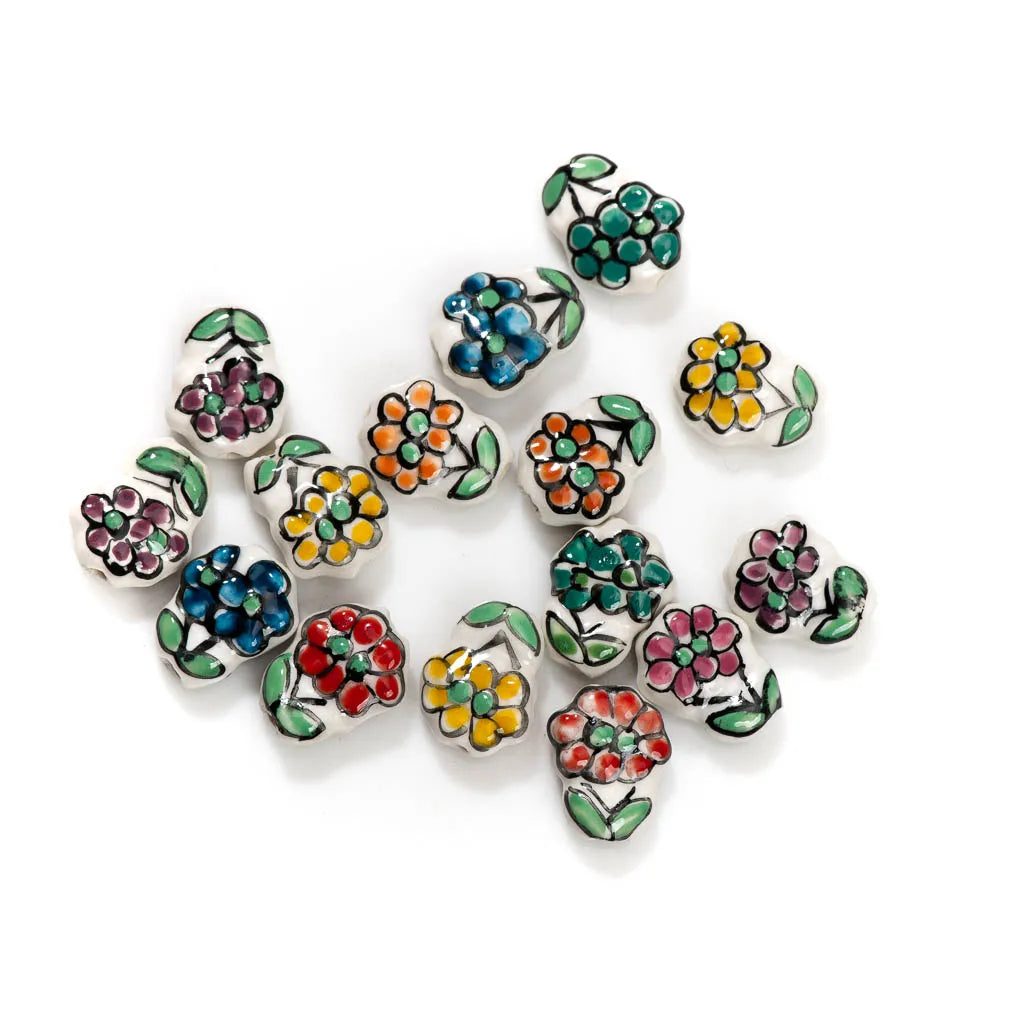 5pcs Artisan Hand-Painted Ceramic Beads Featuring Delicate Multi-Colored Floral Motifs Z717