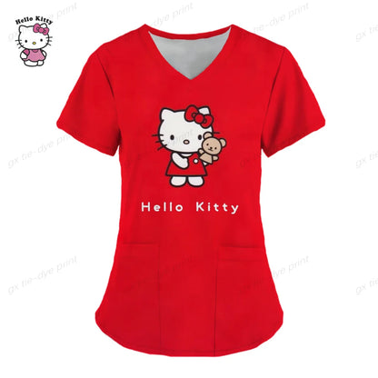 Hello Kitty Print surgical uniforms pharmacy hospital nurse scrubs tops breathable beauty salon dentistry pet doctor overalls